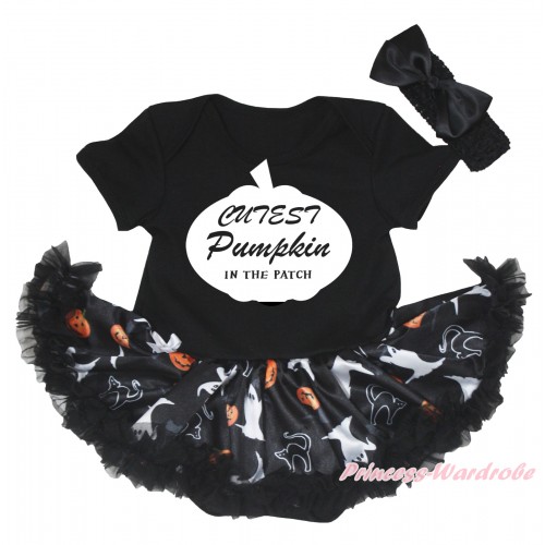 Halloween Black Baby Bodysuit White Ghost Pumpkin Cat Pettiskirt & Cutest Pumpkin In The Patch Painting JS5857