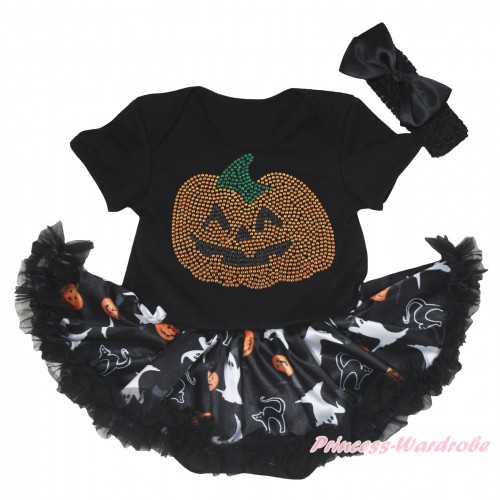 Halloween Black Baby Bodysuit White Ghost Pumpkin Cat Pettiskirt & Sparkle Rhinestone Pumpkin Print JS5860