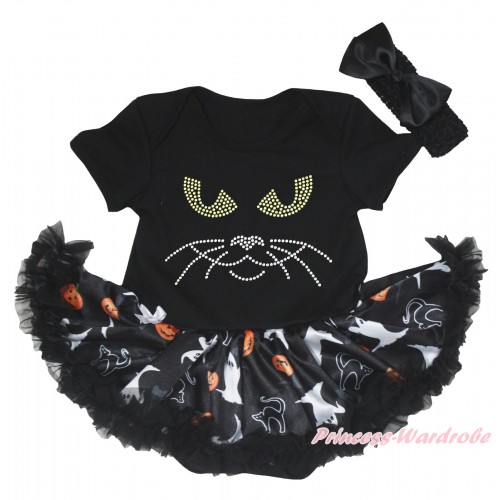 Halloween Black Baby Bodysuit White Ghost Pumpkin Cat Pettiskirt & Sparkle Rhinestone Black Cat Face Print JS5861