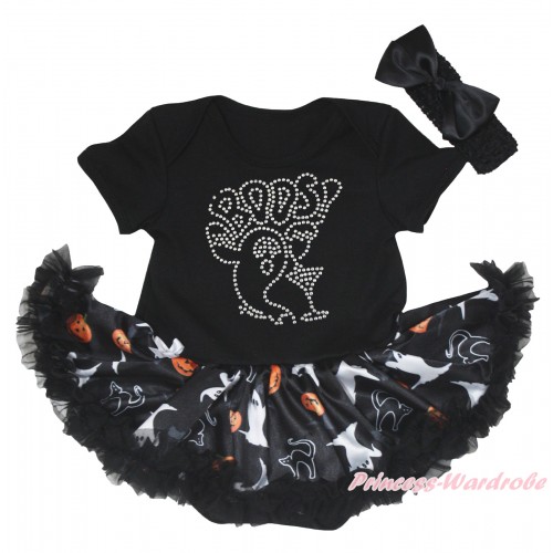 Halloween Black Baby Bodysuit White Ghost Pumpkin Cat Pettiskirt & Sparkle Rhinestone BOOS! Print JS5862