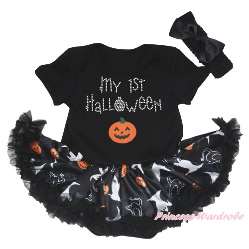 Halloween Black Baby Bodysuit White Ghost Pumpkin Cat Pettiskirt & Sparkle Rhinestone My 1st Halloween Pumpkin Print JS5863