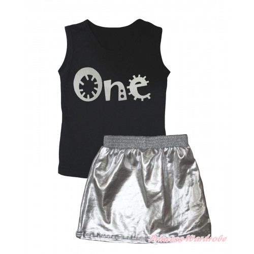 Black Tank Top Sparkle One Painting & Silver Grey Girls Skirt Set MG2462