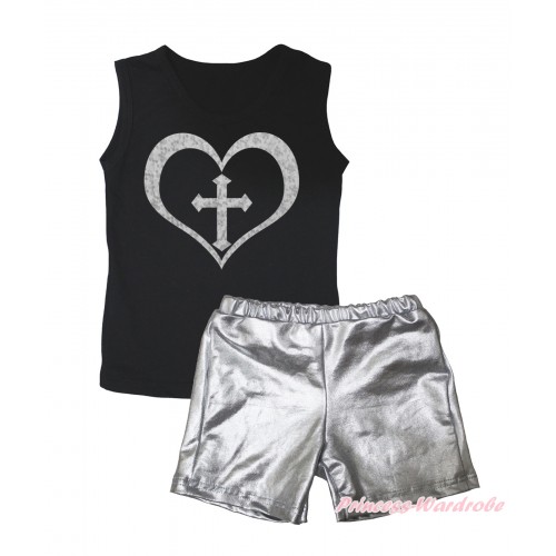 Black Tank Top Sparkle Cross Heart Painting & Silver Grey Girls Pantie Set MG2463