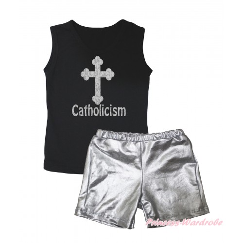 Black Tank Top Sparkle Cross Catholicism Painting & Silver Grey Girls Pantie Set MG2464