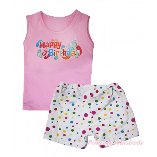 Light Pink Tank Top Happy Birthday Print & White Rainbow Dots Girls Pantie Set MG2478