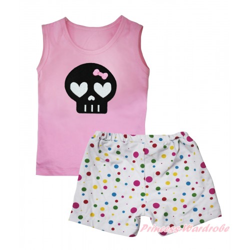 Halloween Light Pink Tank Top Black Skeleton Print & White Rainbow Dots Girls Pantie Set MG2479