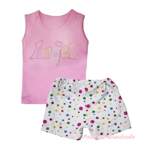 Light Pink Tank Top Sparkle Rhinestone Angel Print & White Rainbow Dots Girls Pantie Set MG2481