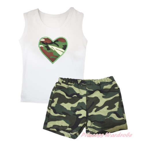 White Tank Top Camouflage Heart Print & Camouflage Girls Pantie Set MG2486