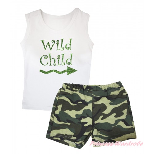 White Tank Top Sparkle Wild Child Painting & Camouflage Girls Pantie Set MG2488