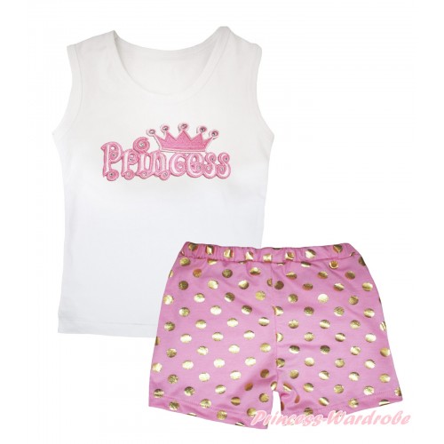White Tank Top Princess Print & Light Pink Gold Dots Girls Pantie Set MG2493