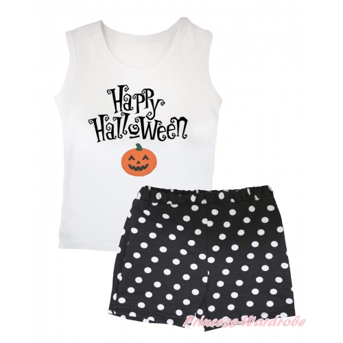 White Tank Top Happy Halloween Painting & Pumpkin Print & Black White Dots Girls Pantie Set MG2497
