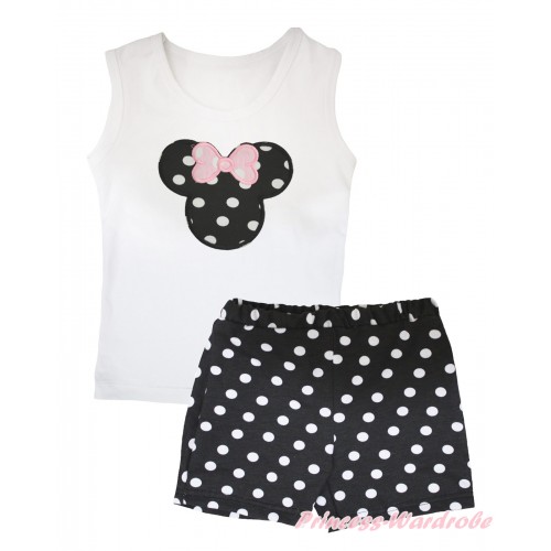 White Tank Top Black White Dots Minnie Print & Black White Dots Girls Pantie Set MG2500