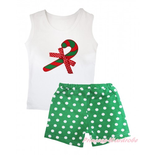 Christmas White Tank Top Christmas Stick Print & Kelly Green White Dots Girls Pantie Set MG2504