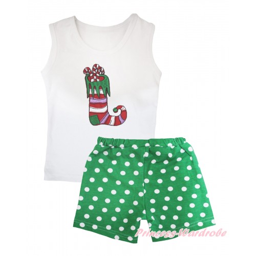 Christmas White Tank Top Christmas Sock Print & Kelly Green White Dots Girls Pantie Set MG2505