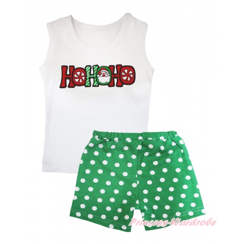 Christmas White Tank Top HOHOHO Santa Claus Print & Kelly Green White Dots Girls Pantie Set MG2507