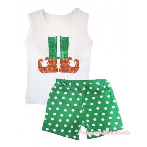 Christmas White Tank Top Sparkle Rhinestone Elf Socks Print & Kelly Green White Dots Girls Pantie Set MG2511