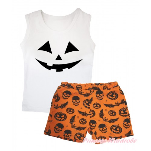 Halloween White Tank Top Black Pumpkin Face Painting & Orange Pumpkin Bat Skeleton Girls Pantie Set MG2527