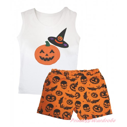 Halloween White Tank Top Pumpkin Witch Hat & Pumpkin Print & Orange Pumpkin Bat Skeleton Girls Pantie Set MG2528