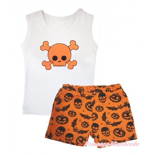 Halloween White Tank Top Orange Skeleton Print & Orange Pumpkin Bat Skeleton Girls Pantie Set MG2529