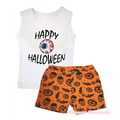 Halloween White Tank Top Happy Halloween Painting & Blood Eye Balls Print & Orange Pumpkin Bat Skeleton Girls Pantie Set MG2531