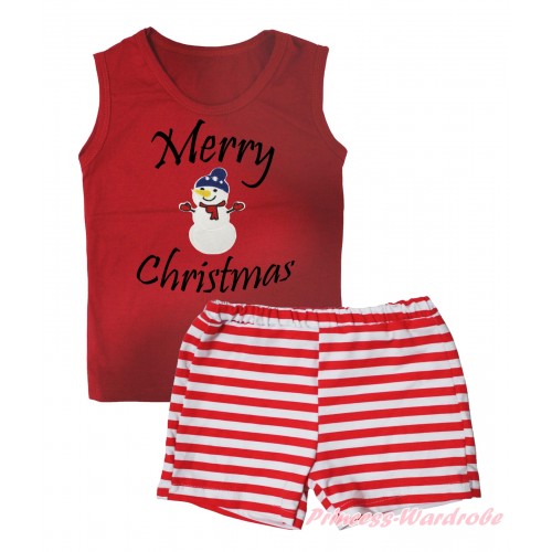 Christmas Red Tank Top Merry Christmas Painting & Big Nose Snowman Print & Red White Striped Girls Pantie Set MG2537