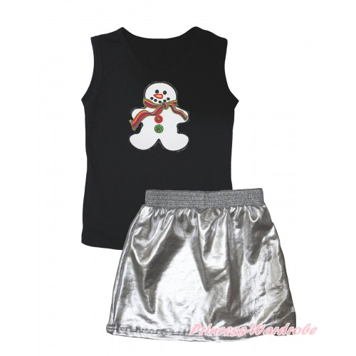 Black Tank Top Christmas Gingerbread Snowman Print & Silver Grey Girls Skirt Set MG2542