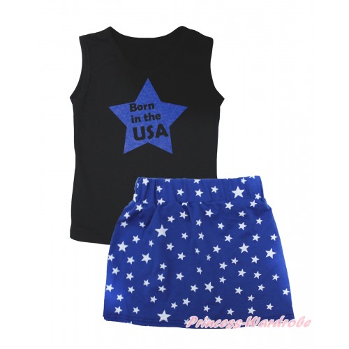 American's Birthday Black Tank Top Born In The USA Blue Star Painting & Royal Blue White Star Girls Skirt Set MG2545