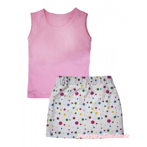 Light Pink Tank Top & White Rainbow Dots Girls Skirt Set MG2553