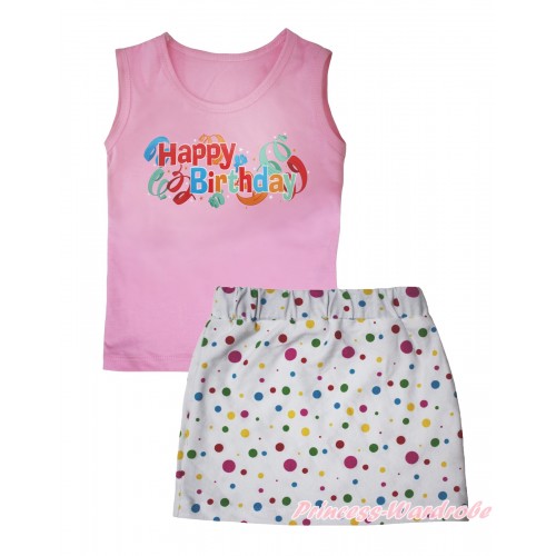 Light Pink Tank Top Happy Birthday Print & White Rainbow Dots Girls Skirt Set MG2554