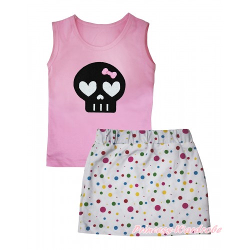 Halloween Light Pink Tank Top Black Skeleton Print & White Rainbow Dots Girls Skirt Set MG2555