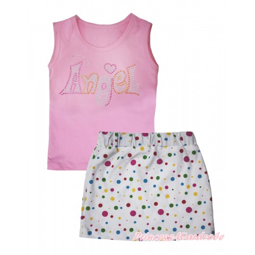 Light Pink Tank Top Sparkle Rhinestone Angel Print & White Rainbow Dots Girls Skirt Set MG2557