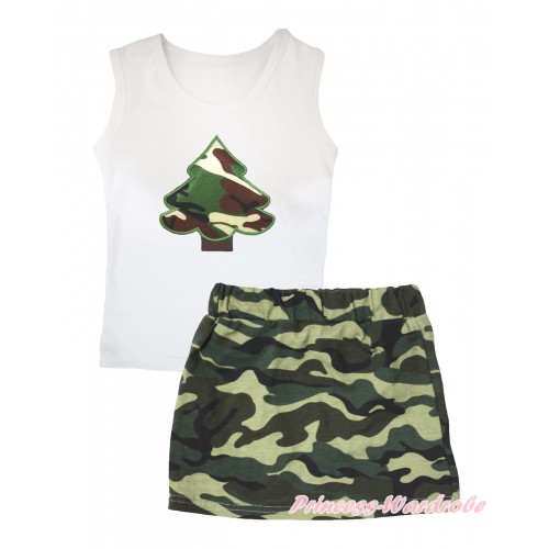 White Tank Top Camouflage Tree Print & Camouflage Girls Skirt Set MG2560