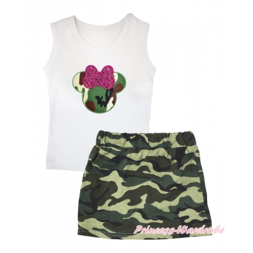 White Tank Top Sparkle Hot Pink Camouflage Minnie Print & Camouflage Girls Skirt Set MG2561