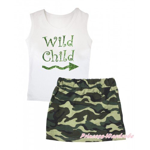 White Tank Top Sparkle Wild Child Painting & Camouflage Girls Skirt Set MG2564