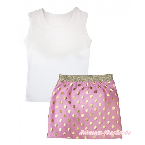 White Tank Top & Light Pink Gold Dots Girls Skirt Set MG2565