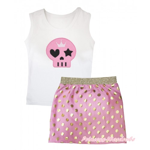 Halloween White Tank Top Light Pink Skeleton Print & Light Pink Gold Dots Girls Skirt Set MG2568