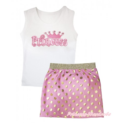 White Tank Top Princess Print & Light Pink Gold Dots Girls Skirt Set MG2569