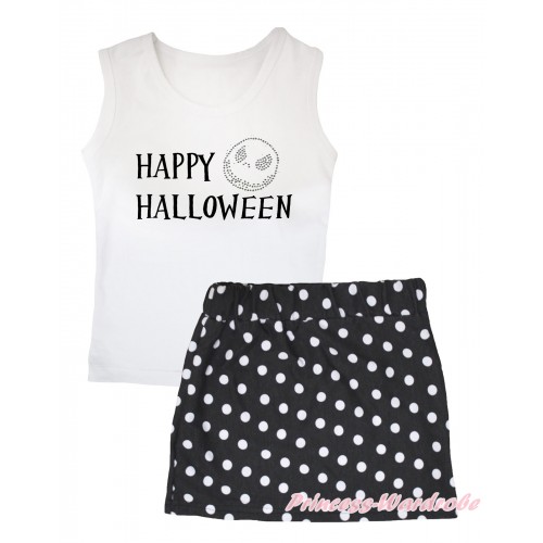 Halloween White Tank Top Happy Halloween Painting & Jack Print & Black White Dots Girls Skirt Set MG2572