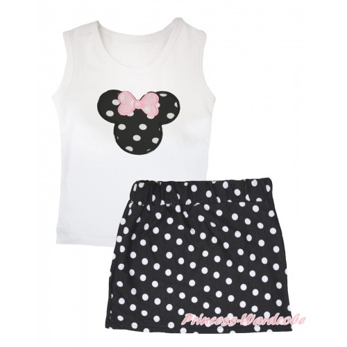 White Tank Top Black White Dots Minnie Print & Black White Dots Girls Skirt Set MG2576