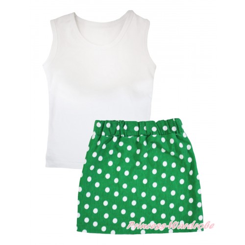 White Tank Top & Kelly Green White Dots Girls Skirt Set MG2579