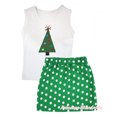 Christmas White Tank Top Christmas Tree Print & Kelly Green White Dots Girls Skirt Set MG2582
