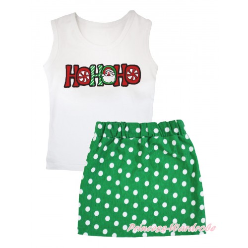 Christmas White Tank Top HOHOHO Santa Claus Print & Kelly Green White Dots Girls Skirt Set MG2583