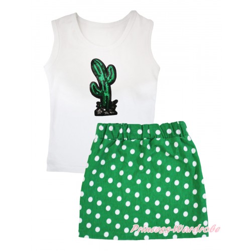 Cinco De Mayo White Tank Top Sparkle Sequins Cactus Print & Kelly Green White Dots Girls Skirt Set MG2585