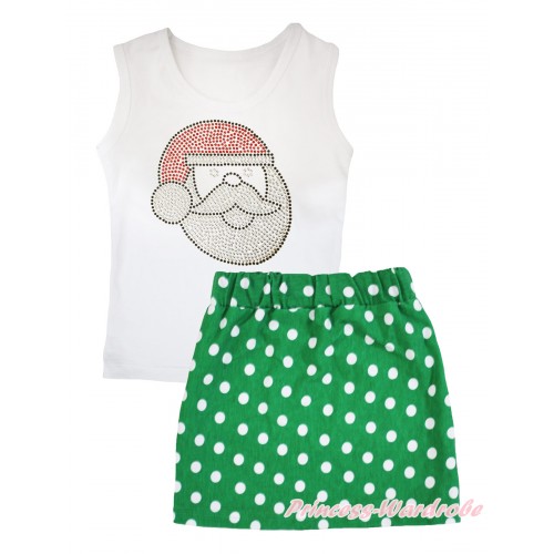 Christmas White Tank Top Sparkle Rhinestone Santa Claus Print & Kelly Green White Dots Girls Skirt Set MG2586