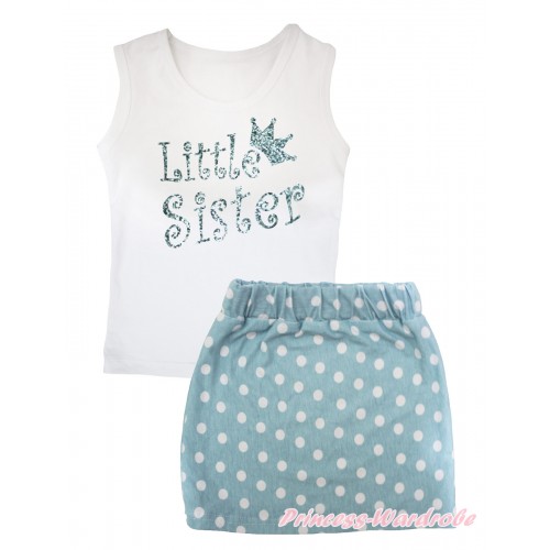 White Tank Top Sparkle Little Sister Painting & Light Blue White Dots Girls Skirt Set MG2589