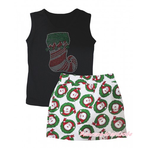 Christmas Black Tank Top Sparkle Rhinestone Christmas Stocking Print & Xmas Santa Claus Girls Skirt Set MG2596
