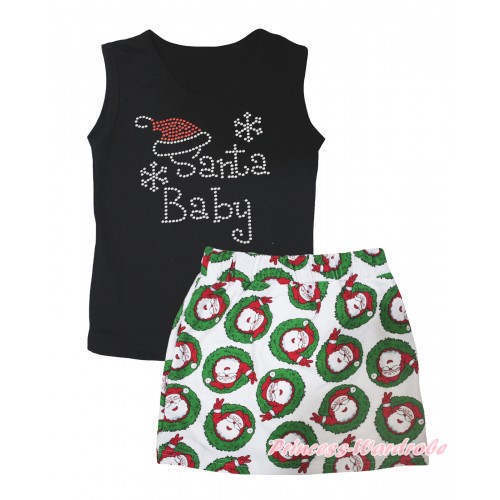 Christmas Black Tank Top Sparkle Rhinestone Santa Baby Print & Xmas Santa Claus Girls Skirt Set MG2597