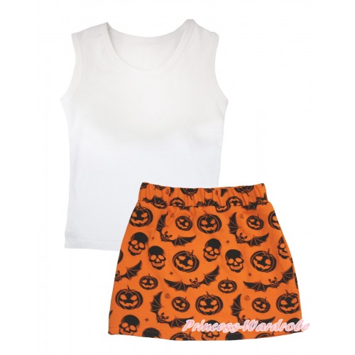 Halloween White Tank Top & Orange Pumpkin Bat Skeleton Girls Skirt Set MG2599