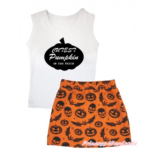 Halloween White Tank Top Cutest Pumpkin In The Patch Painting & Orange Pumpkin Bat Skeleton Girls Skirt Set MG2600