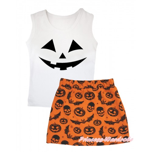 Halloween White Tank Top Black Pumpkin Face Painting & Orange Pumpkin Bat Skeleton Girls Skirt Set MG2603